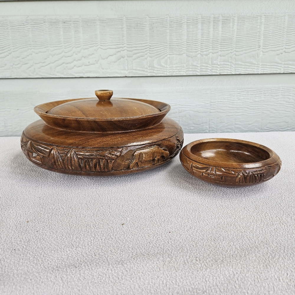 Monkey Pod Hand Carved Wooden Serving Storage Bowl with Lid MCM Tiki Philippines